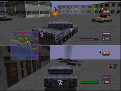 Battletanx: Global Assault Nintendo 64 game featuring tank combat action and strategic battlefield gameplay on N64 splitscreen screenshot