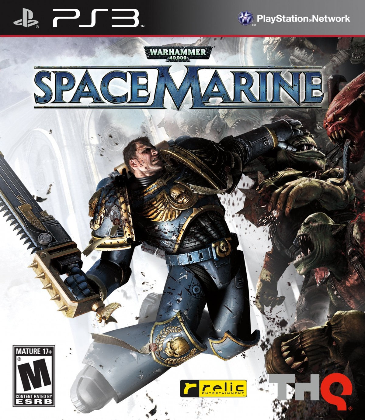 Warhammer 40 000 Space Marine PlayStation 3 PS3 video game featuring third person action shooter gameplay Space Marine combat Ultramarines battles Ork enemies weapon attacks melee combat futuristic war environments campaign missions and classic PlayStation 3 gameplay retro video game collection collectible gaming appeal front cover art