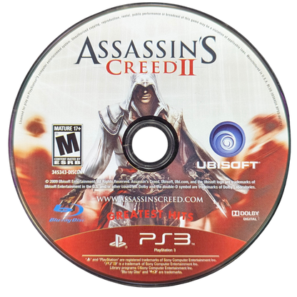 Assassin's Creed II Greatest Hits for PlayStation 3 (PS3) at Gamers INC, featuring the epic journey of Ezio Auditore during the Italian Renaissance with an expanded open world, lethal new hidden blade upgrades, and Leonardo da Vinci's inventions for the definitive assassin experience disc