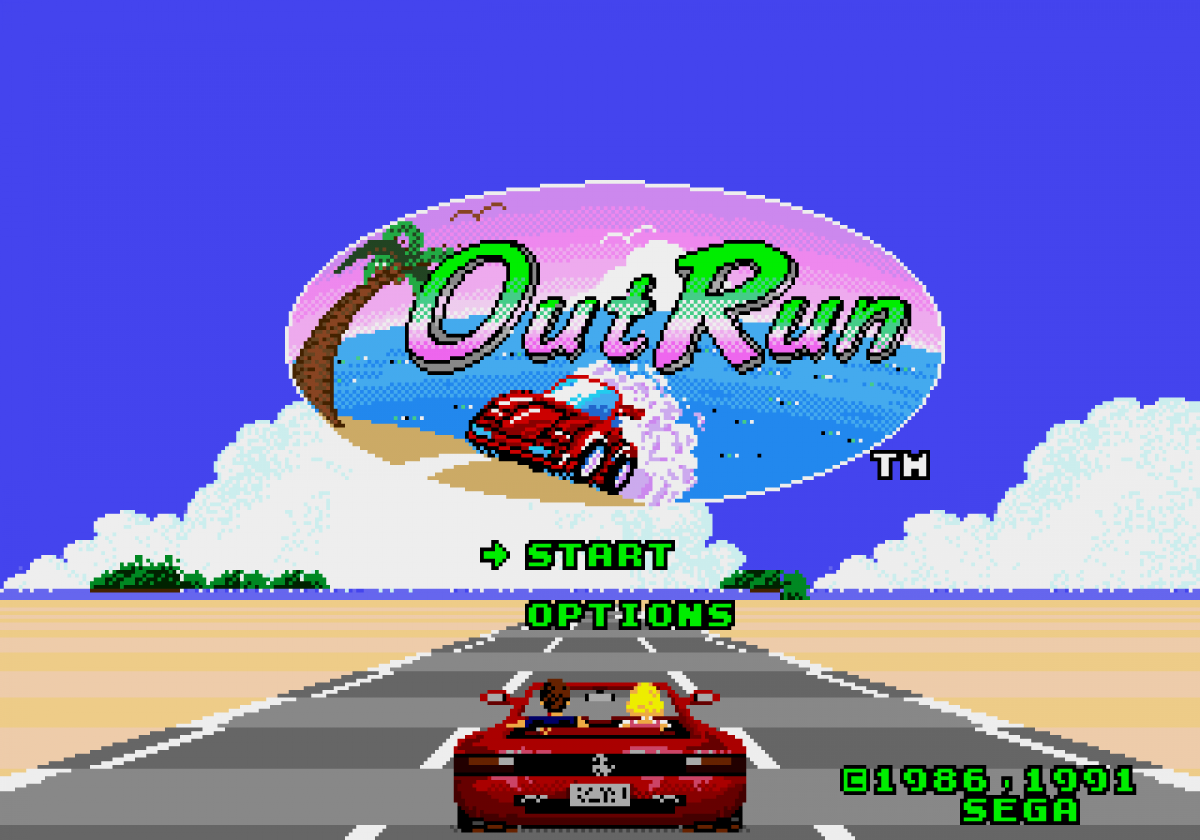 OutRun Sega Genesis video game, classic arcade racing, high-speed driving gameplay, retro Sega console title gameplay