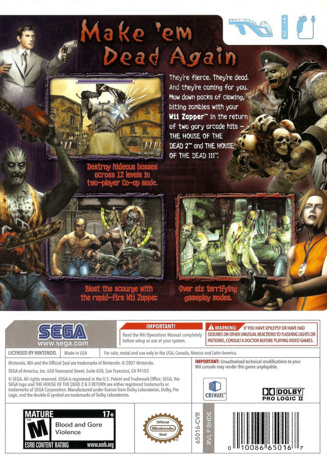 The House of the Dead 2 & 3: Return back cover art for Nintendo Wii (Wii) video game