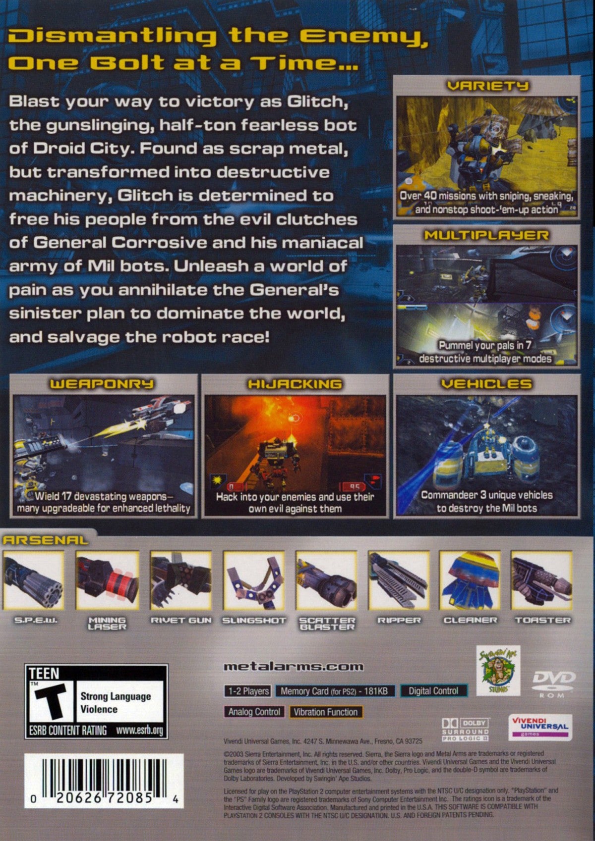 Metal Arms Glitch in the System PS2 Sony PlayStation 2 third person shooter sci fi robot combat action platforming weapons upgrade system humor filled story multiplayer modes Swingin Ape Studios retro gaming PlayStation 2 software video game title gameplay back cover art