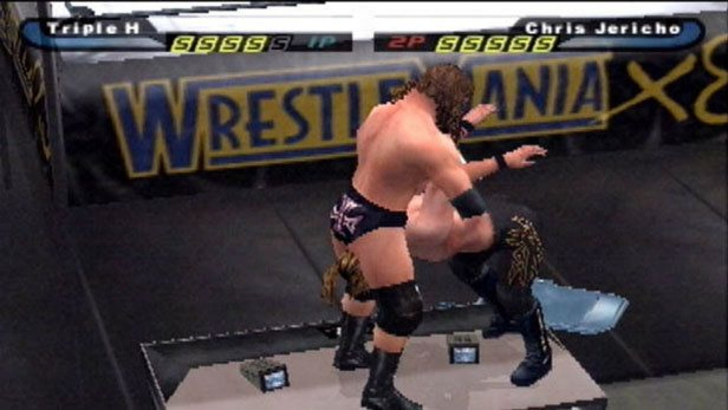 Retro WWE SmackDown Shut Your Mouth Greatest Hits PS2 inspired design featuring classic wrestling entertainment aesthetic vintage PlayStation 2 arena combat superstar roster grappling strikes entrances storyline mode sports entertainment chaos nostalgic WWE wrestling game presentation - gameplay