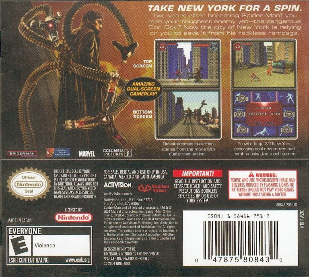 Spider-Man 2 Nintendo DS DS video game featuring superhero action adventure gameplay Marvel Spider-Man web swinging wall crawling web attacks crime fighting enemy battles New York City exploration platforming challenges superhero missions and classic Nintendo DS handheld gaming retro video game collection collectible gaming appeal back cover art