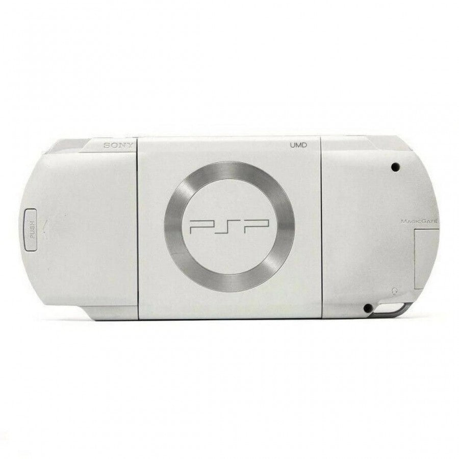 Japanese PSP 1000 White inspired design featuring classic handheld gaming console aesthetic sleek white finish portable PlayStation entertainment system widescreen display iconic Sony hardware multimedia capabilities and gaming nostalgia presentation back 
