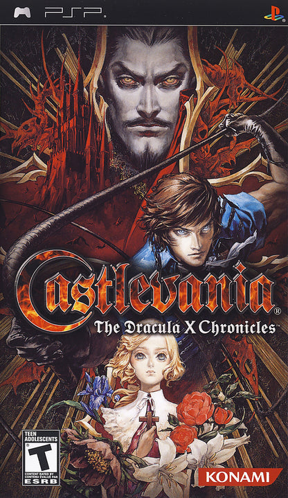 Castlevania Dracula X Chronicles PlayStation Portable PSP for action platforming video game fans featuring gothic adventure vampire hunting side scrolling combat challenging enemies castle exploration powerful weapons classic Castlevania gameplay remastered graphics and multiple game experiences collectible gaming appeal front cover art