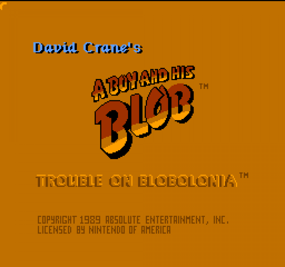 A Boy and His Blob Trouble on Blobolonia retro NES video game A Boy and His Blob puzzle platform adventure exploration cooperative gameplay classic console title Nintendo Entertainment System release title screen