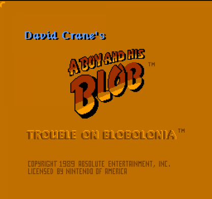 A Boy and His Blob Trouble on Blobolonia retro NES video game A Boy and His Blob puzzle platform adventure exploration cooperative gameplay classic console title Nintendo Entertainment System release title screen