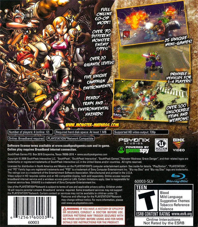 Monster Madness Grave Danger PlayStation 3 PS3 for action adventure video game fans featuring chaotic zombie combat cartoon horror environments multiple playable characters powerful weapons enemy hordes cooperative gameplay and fast paced arcade style action collectible Sony PlayStation gaming appeal back