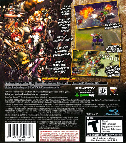 Monster Madness Grave Danger PlayStation 3 PS3 for action adventure video game fans featuring chaotic zombie combat cartoon horror environments multiple playable characters powerful weapons enemy hordes cooperative gameplay and fast paced arcade style action collectible Sony PlayStation gaming appeal back