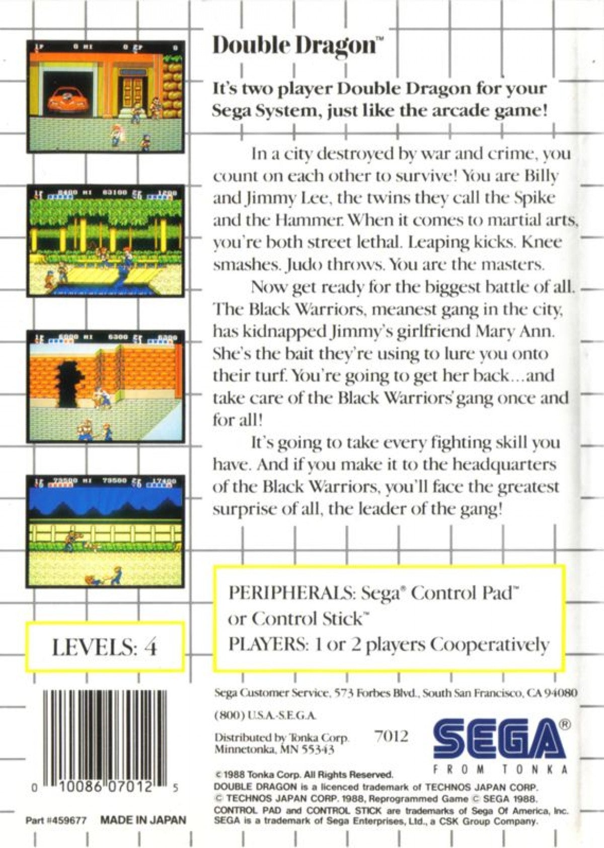 Double Dragon back of case for Sega Master System (SMS) side-scrolling beat ’em up video game featuring martial arts action and co-op street fighting gameplay