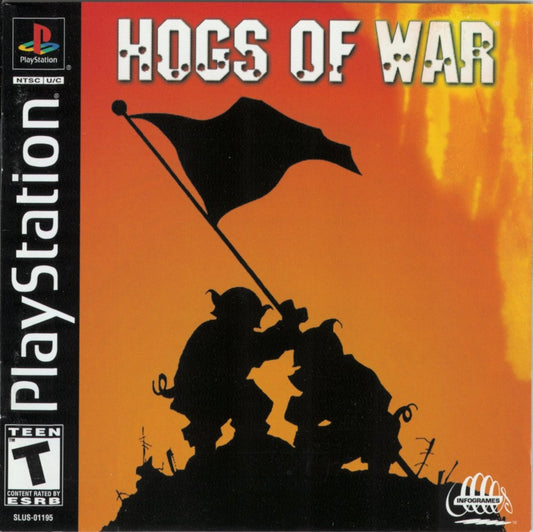 Hogs of War PlayStation PS1 for turn based strategy video game fans featuring tactical artillery combat humorous warfare cartoon style characters multiplayer battles strategic planning destructible environments challenging missions classic strategy gameplay collectible gaming appeal front cover