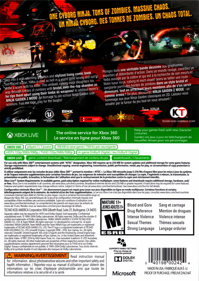 Yaiba Ninja Gaiden Z Xbox 360 action hack and slash video game zombie apocalypse cyber ninja combat back cover