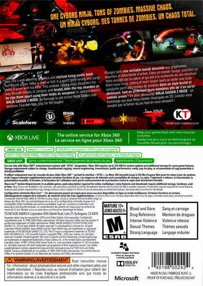 Yaiba Ninja Gaiden Z Xbox 360 action hack and slash video game zombie apocalypse cyber ninja combat back cover