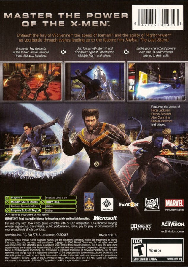 X-Men The Official Game Xbox featuring superhero action adventure gameplay with Marvel characters back cover art