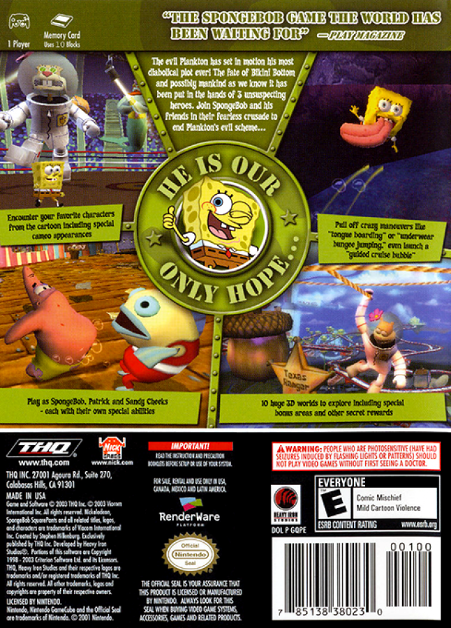 SpongeBob SquarePants: Battle for Bikini Bottom back of case for Nintendo GameCube (GC) platforming adventure video game