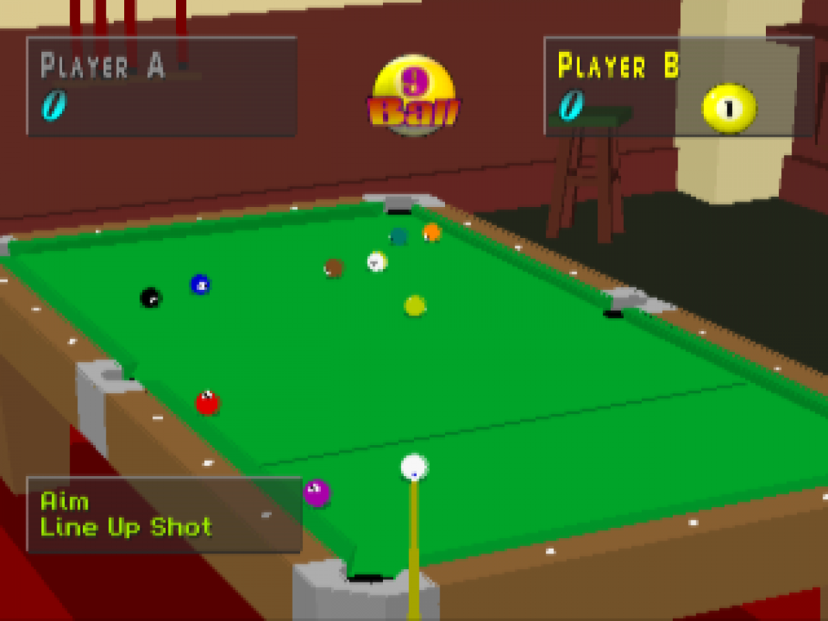Virtual Pool PlayStation 1 PS1 video game, realistic billiards simulation, cue sports gameplay, classic console title gameplay screenshot