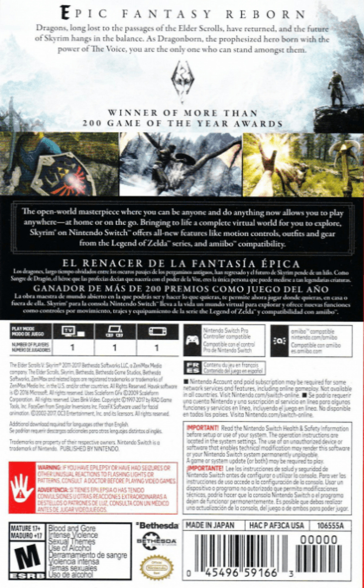 The Elder Scrolls V Skyrim back of box for Nintendo Switch NS video game
