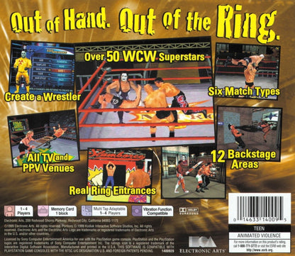 WCW Mayhem game for the PlayStation featuring professional wrestling gameplay with a roster of WCW superstars career and exhibition modes signature moves and arcade style matches based on late 90s wrestling entertainment back cover