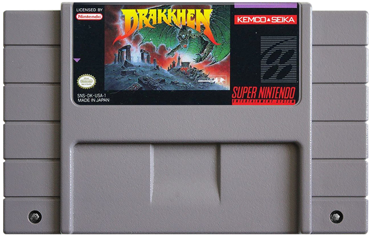 Drakkhen Super Nintendo Entertainment System SNES video game featuring fantasy role playing gameplay dragon battles open world exploration character customization magic spells dungeon exploration and challenging enemy encounters classic 16 bit Nintendo gameplay retro video game collection collectible gaming appeal game cartridge