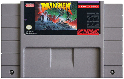 Drakkhen Super Nintendo Entertainment System SNES video game featuring fantasy role playing gameplay dragon battles open world exploration character customization magic spells dungeon exploration and challenging enemy encounters classic 16 bit Nintendo gameplay retro video game collection collectible gaming appeal game cartridge