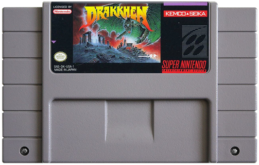 Drakkhen Super Nintendo Entertainment System SNES video game featuring fantasy role playing gameplay dragon battles open world exploration character customization magic spells dungeon exploration and challenging enemy encounters classic 16 bit Nintendo gameplay retro video game collection collectible gaming appeal game cartridge