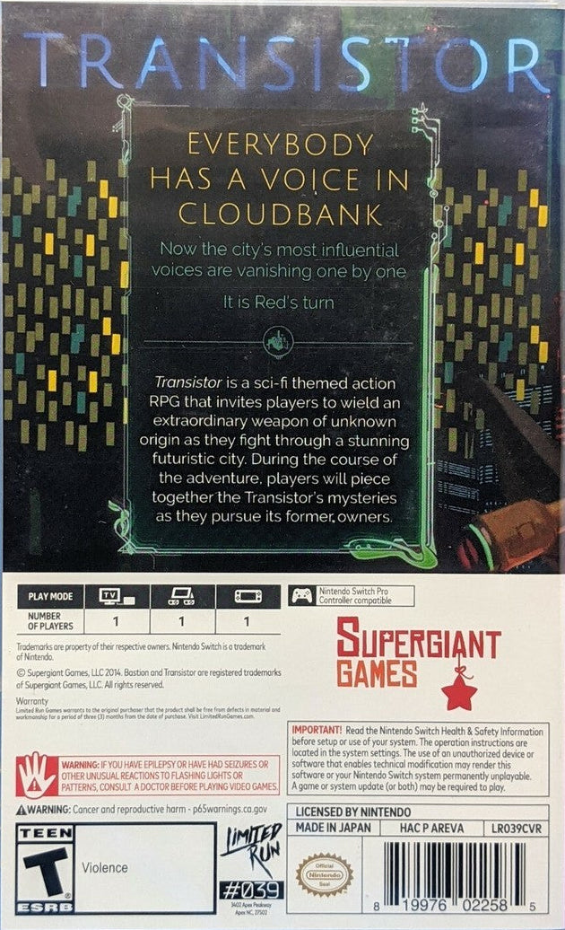 Transistor Nintendo Switch game featuring strategic action RPG combat and futuristic sci-fi storytelling back cover
