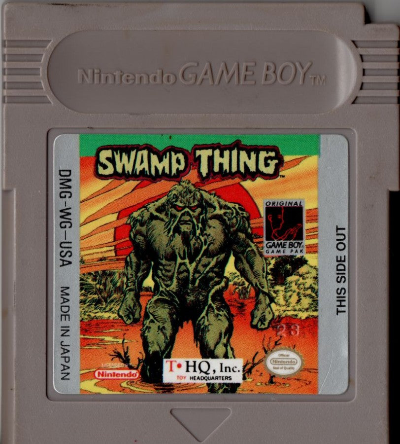 Swamp Thing for Game Boy, cartridge for a side-scrolling action platformer video game with swamp-themed levels, enemy combat, obstacle navigation, and comic-inspired gameplay
