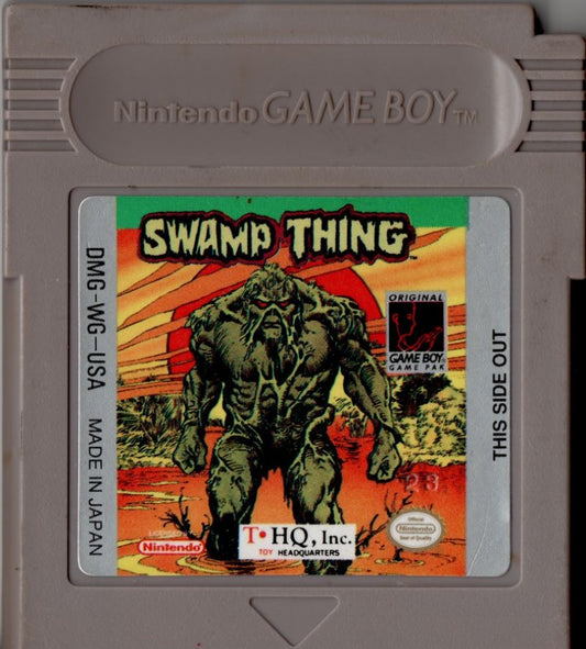 Swamp Thing for Game Boy, cartridge for a side-scrolling action platformer video game with swamp-themed levels, enemy combat, obstacle navigation, and comic-inspired gameplay