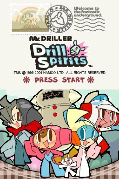 Mr Driller Drill Spirits for Nintendo DS, title screen for a puzzle arcade video game with digging gameplay, falling block mechanics, fast-paced challenges, and classic score-based action