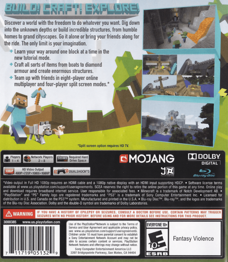 Minecraft [PlayStation 3 Edition] back cover art for PlayStation 3 (PS3) video game