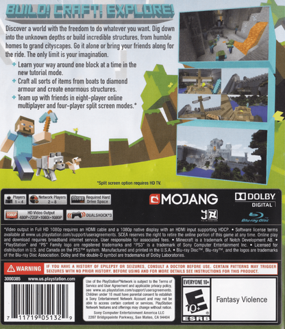Minecraft [PlayStation 3 Edition] back cover art for PlayStation 3 (PS3) video game