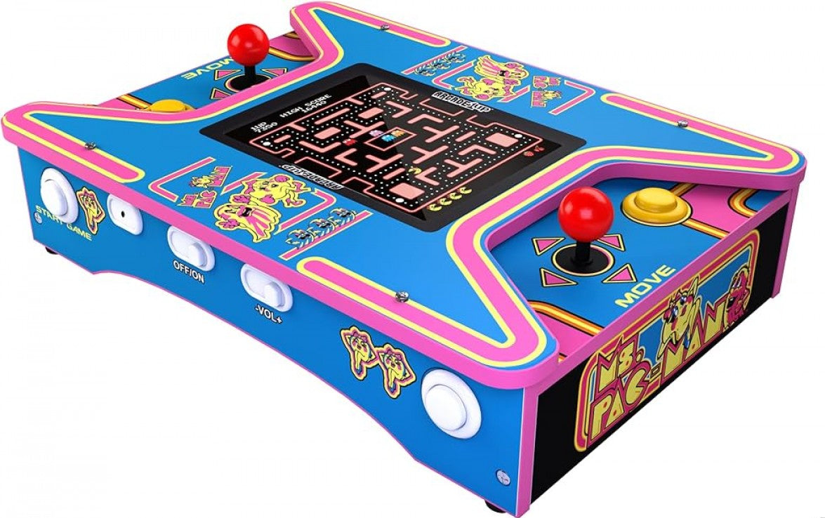 Arcade1Up Ms. Pac-Man & Galaga Head-to-Head Counter-Cade featuring classic arcade gameplay in a compact tabletop cabinet