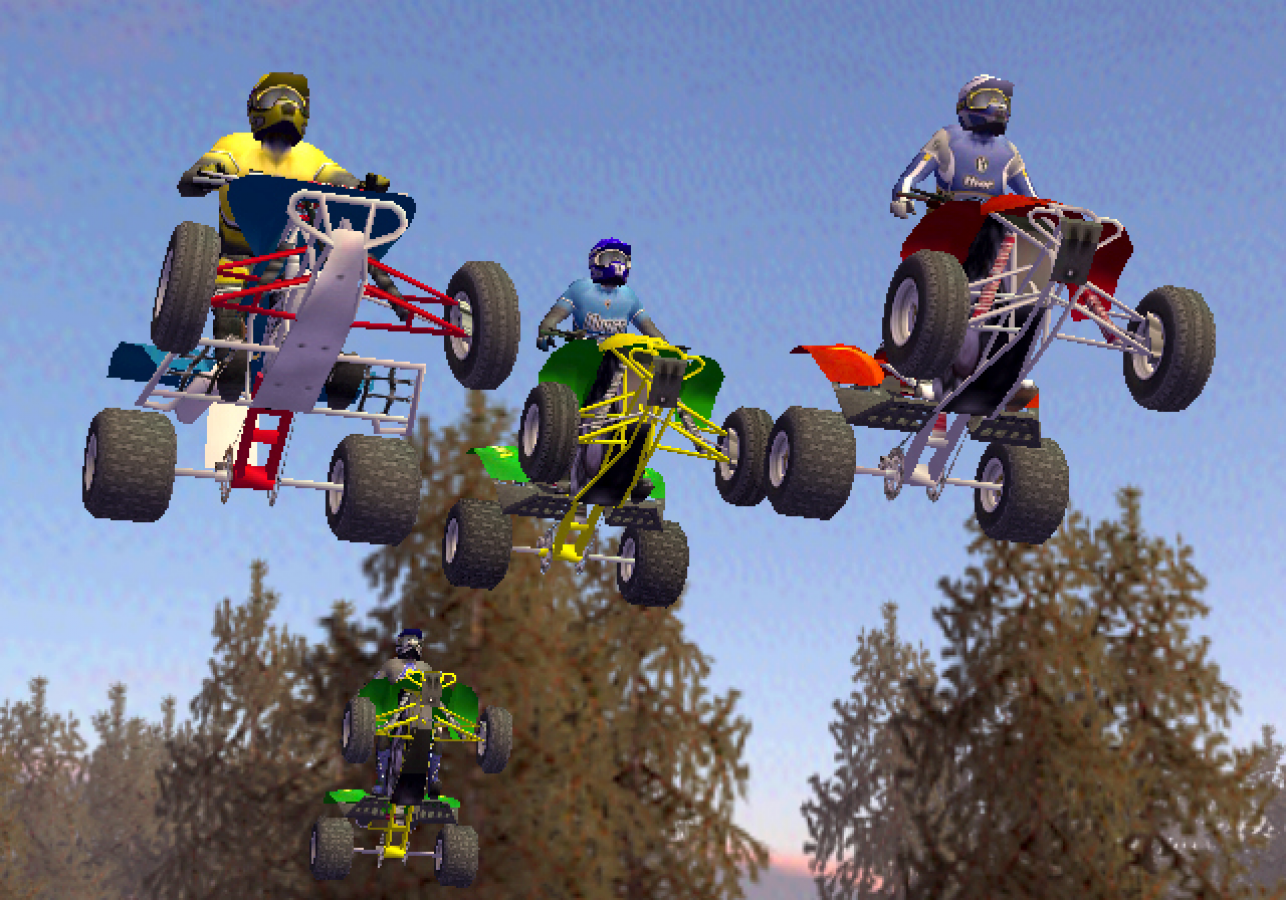 Retro ATV Offroad Fury Greatest Hits PS2 inspired design featuring extreme off road racing aesthetic vintage PlayStation 2 all terrain vehicle stunts rugged dirt tracks freestyle tricks outdoor motorsports adrenaline nostalgic racing game presentation - gameplay
