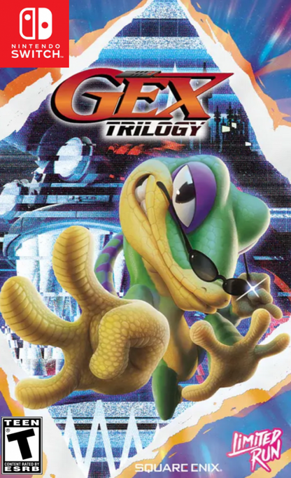 Gex Trilogy Nintendo Switch inspired design featuring classic platform adventure collection aesthetic wisecracking gecko hero colorful worlds television themed humor retro gameplay challenges enhanced modern presentation and nostalgic action platforming excitement front cover