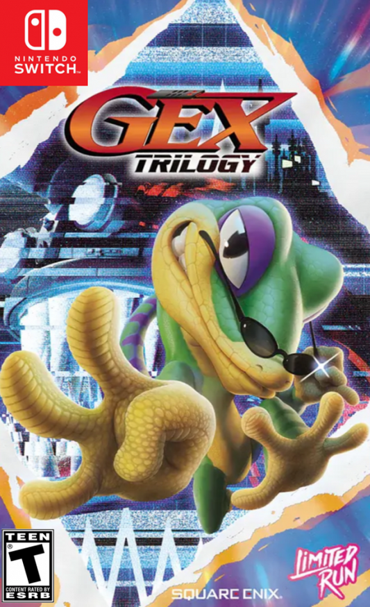 Gex Trilogy Nintendo Switch inspired design featuring classic platform adventure collection aesthetic wisecracking gecko hero colorful worlds television themed humor retro gameplay challenges enhanced modern presentation and nostalgic action platforming excitement front cover