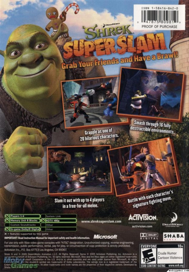 Shrek Superslam for Xbox (Xbox) back of case action fighting video game.