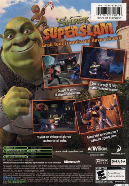 Shrek Superslam for Xbox (Xbox) back of case action fighting video game.