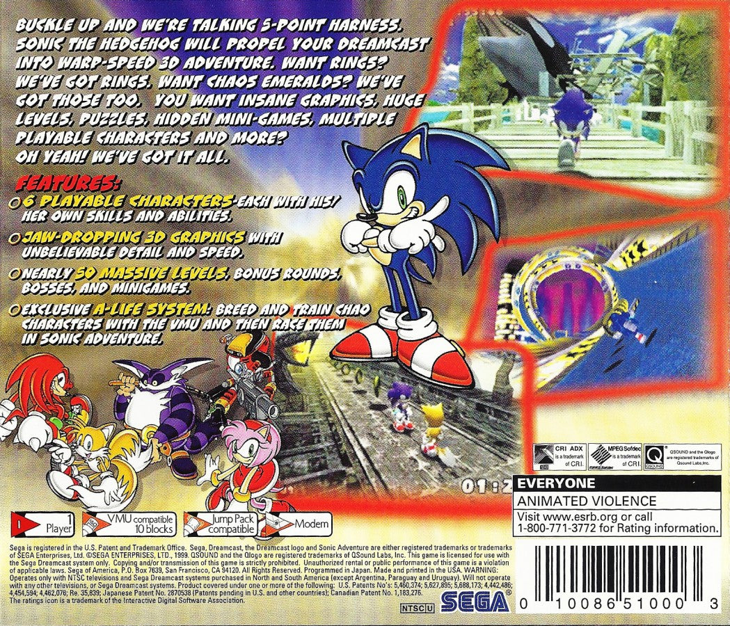 Sonic Adventure Sega Dreamcast retro video game platformer back of case