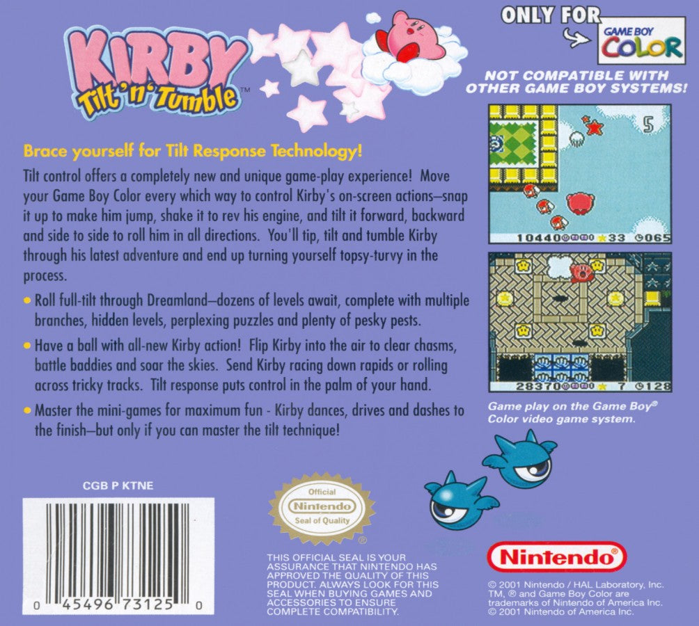 Kirby Tilt 'n' Tumble cartridge for the Game Boy Color featuring tilt controlled platforming gameplay with motion based puzzles collectible items and colorful levels starring Kirby back cover art