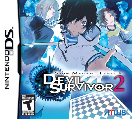 Shin Megami Tensei Devil Survivor 2 game for the Nintendo DS featuring tactical RPG gameplay with strategic grid based battles demon summoning character driven storylines and apocalyptic survival themes in modern Japan cover art