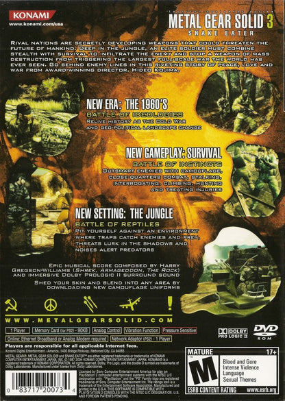 Metal Gear Solid 3 Snake Eater back cover art for Playstation 2 (PS2) video game. 