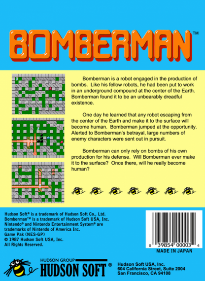 Bomberman back of box for Nintendo Entertainment System (NES) retro video game