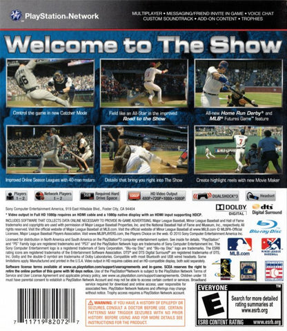 MLB 10 The Show retro PlayStation 3 video game featuring realistic baseball gameplay, MLB sports simulation, multiplayer competition and classic PS3 entertainment - back of case