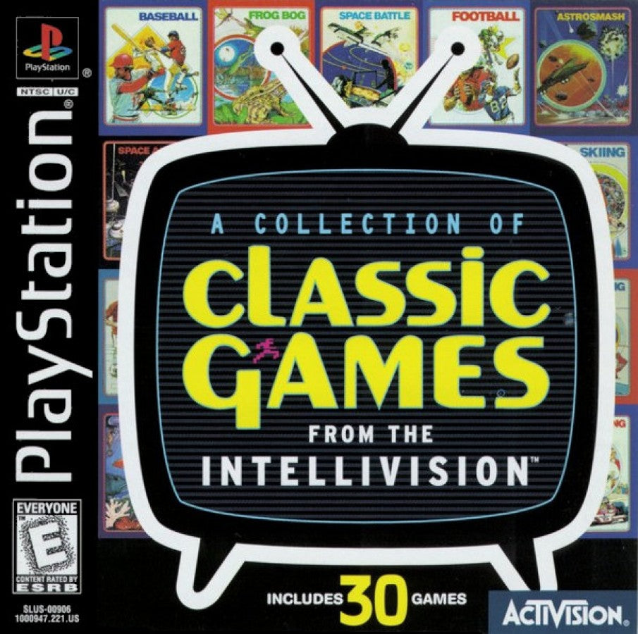 A Collection of Intellivision Classic Games compilation video game for the original Sony PlayStation (PS1), featuring a selection of classic Intellivision games including arcade-style action, sports, racing, shooting, and strategy titles, bringing a variety of retro console gameplay experiences to PlayStation players in one collection cover art