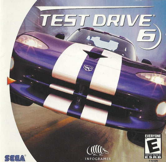 Test Drive 6 game for the Sega Dreamcast featuring arcade style racing gameplay with multiple licensed cars high speed street and circuit races police chases and various international tracks with competitive driving modes front cover 