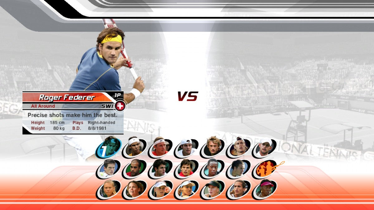 Virtua Tennis 3 PlayStation 3 sports simulation video game Sega arcade tennis real world pros Roger Federer Rafael Nadal Maria Sharapova World Tour career mode training mini-games court games doubles online multiplayer 1080p HD graphics main menu game select