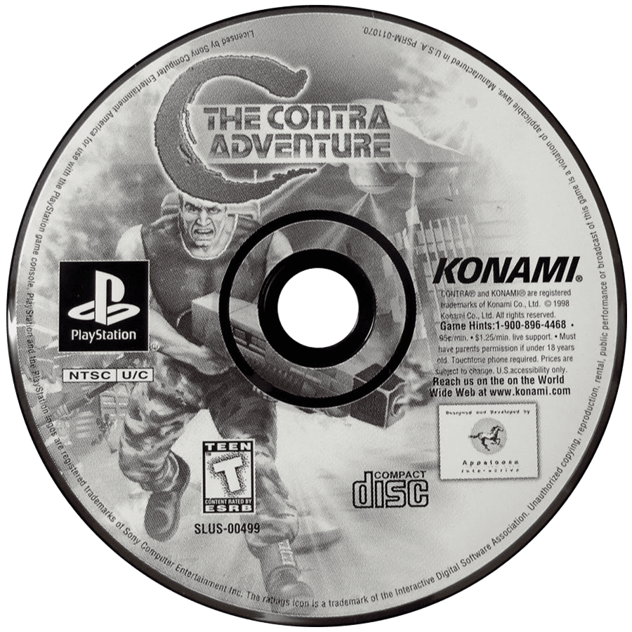 C The Contra Adventure PS1 PlayStation 1 run and gun action shooter platform game Contra series arcade style combat retro video game disc