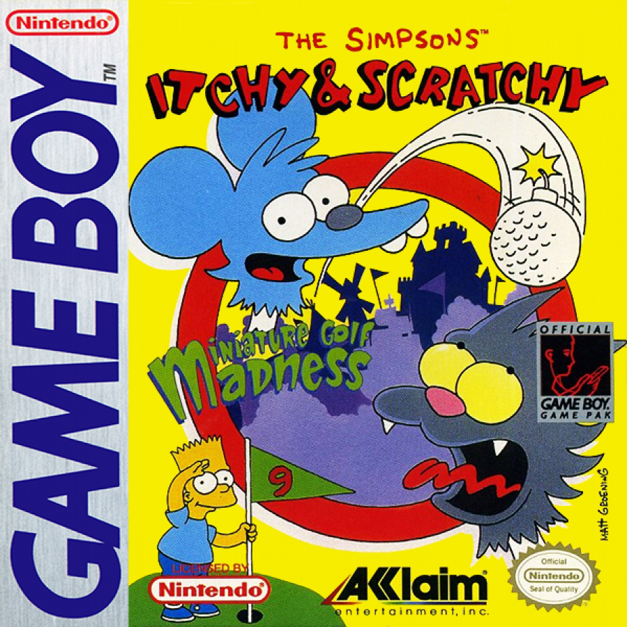 Itchy and Scratchy's Miniature Golf Madness Nintendo Game Boy GB for retro video game enthusiasts featuring miniature golf sports gameplay cartoon inspired courses obstacle filled challenges precision putting family friendly handheld gaming and collectible gaming appeal cover art