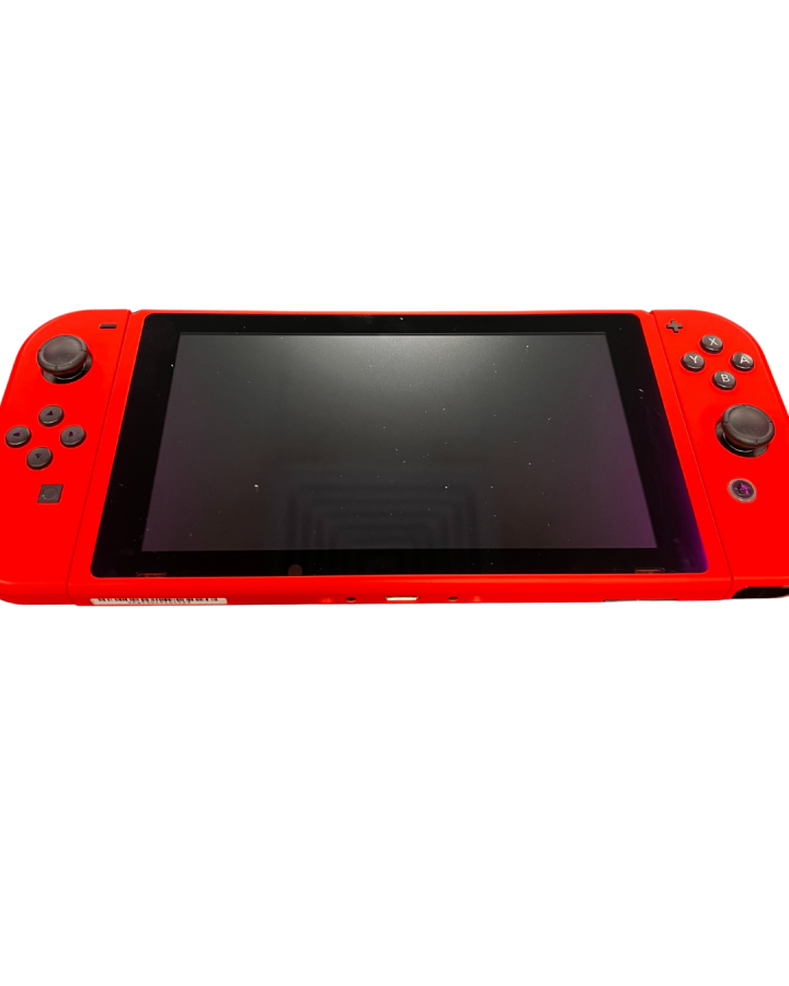 Front view of the red Mario Edition Nintendo Switch console with matching red Joy-Con controllers attached, shown outside the dock.